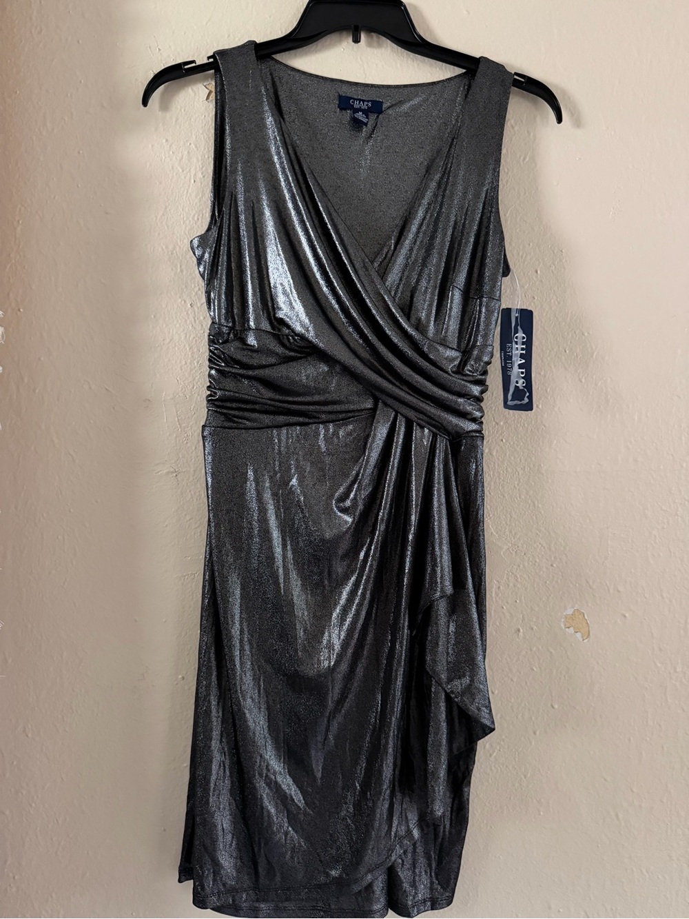 Chaps Silver Metallic Faux-Wrap Midi Dress